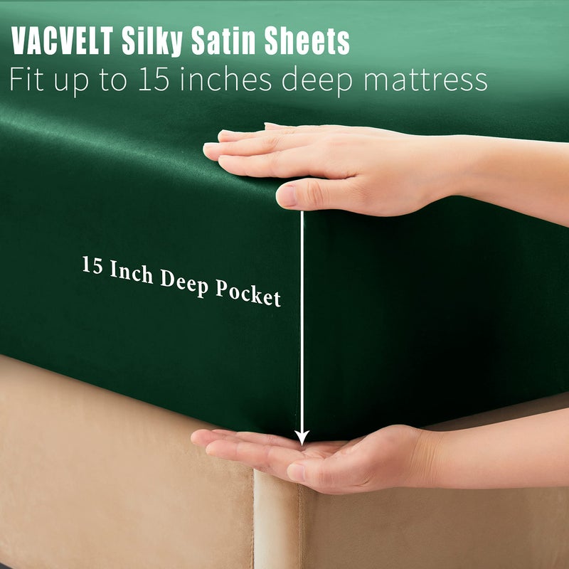 VACVELT 4pcs Emerald Green Satin Bed Set  Full Size  15 Inch Deep Pocket  Soft Satin Bedding Set  Cooling & Luxury  1 Fitted Sheet + 1 Flat Sheet + 2 Pillowcases - Image 4